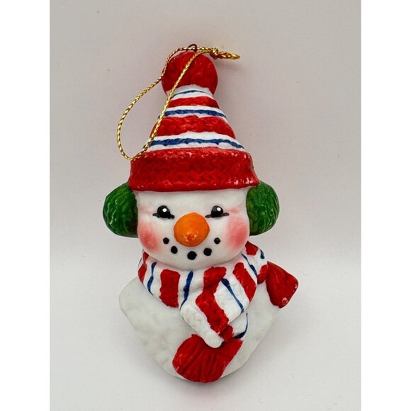Vintage Light Up Snowman Christmas Tree Ornament Ear Muffs Scarf Ceramic - Picture 4 of 7